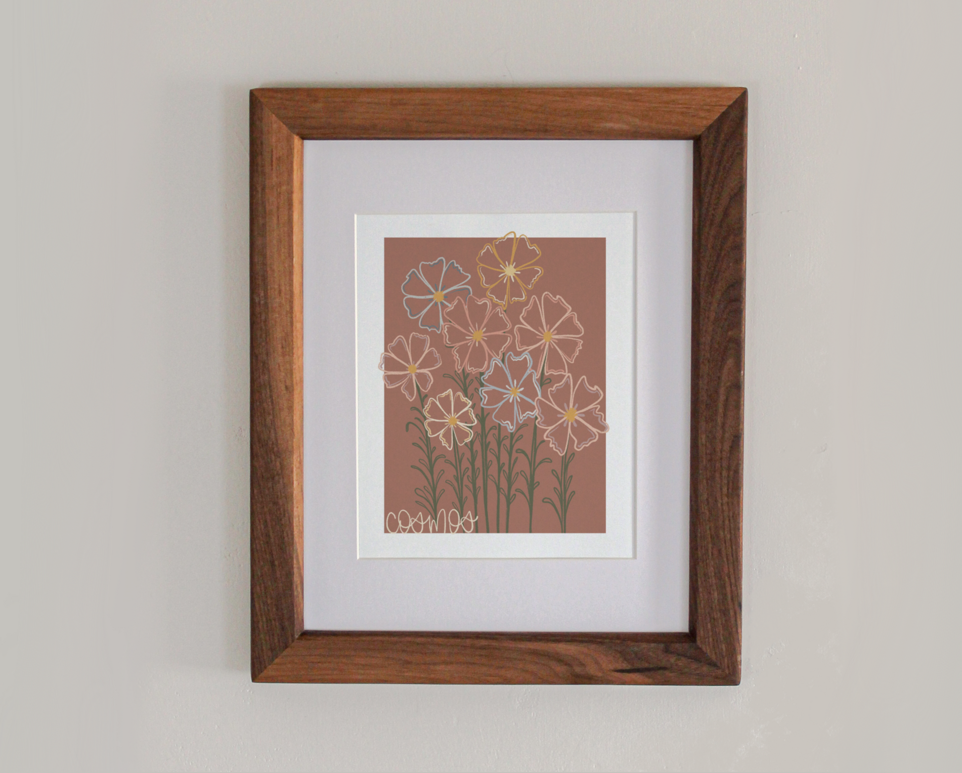 An art print line drawing of cosmos in bloom in a cherry hardwood frame