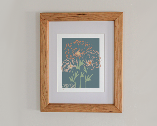 An art print line drawing of peonies in bloom in a cherry hardwood frame