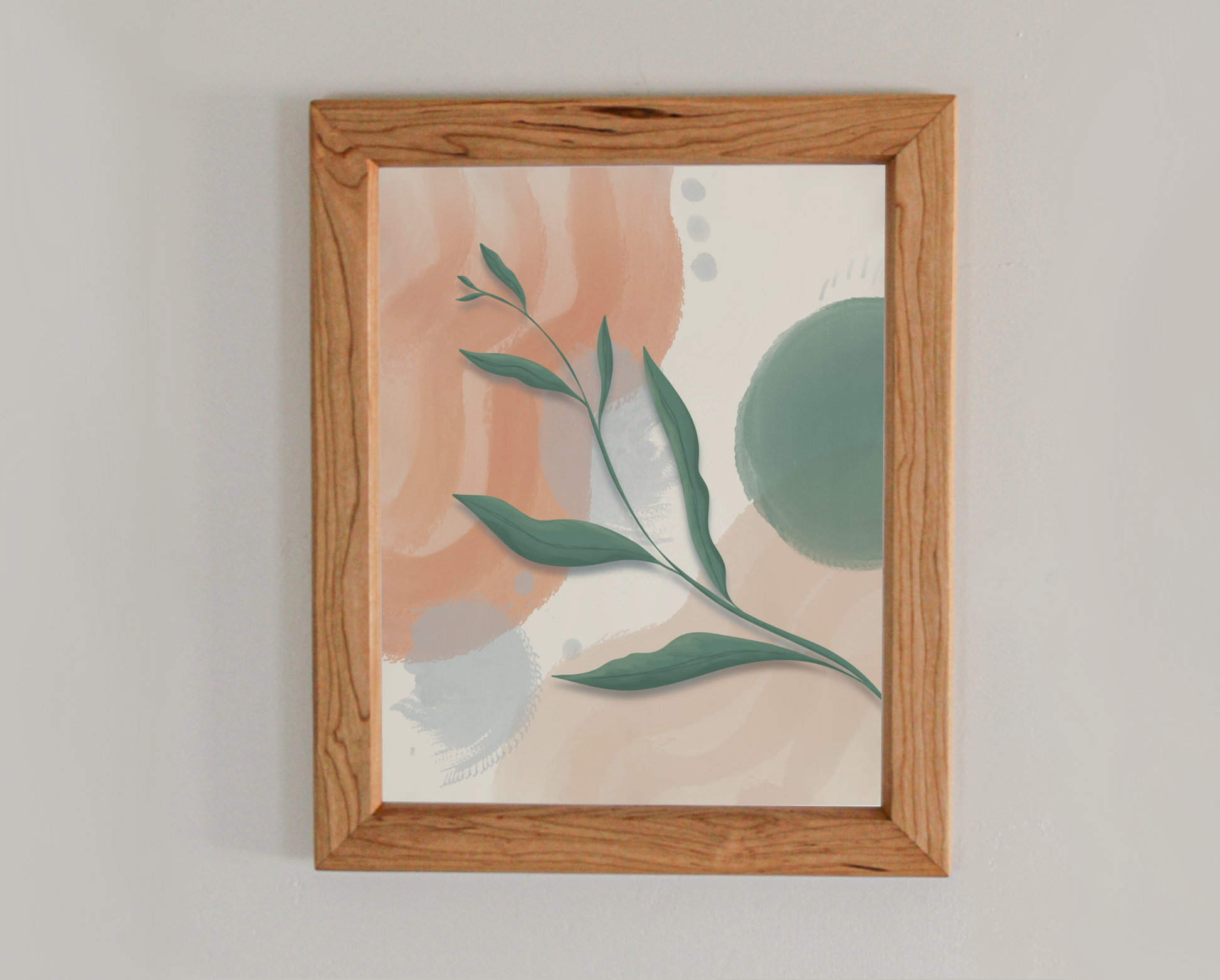 Abstract art print of botanicals in a cherry hardwood frame