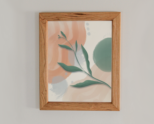 Abstract art print of botanicals in a cherry hardwood frame