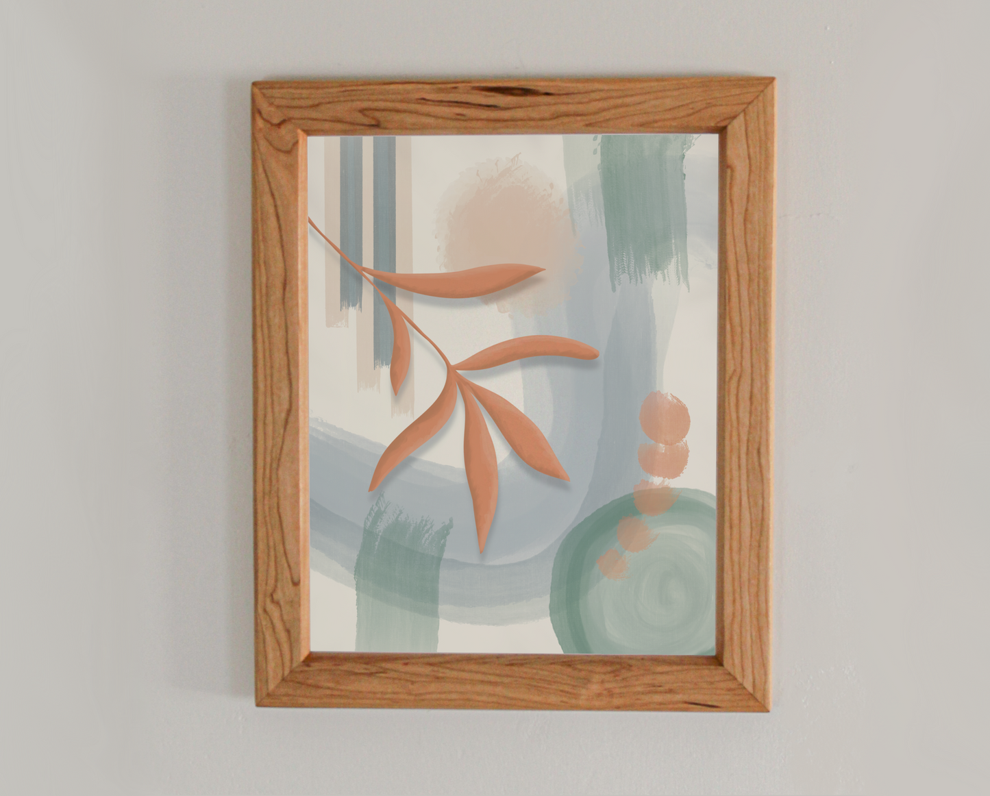 Abstract art print of botanicals in a cherry hardwood frame