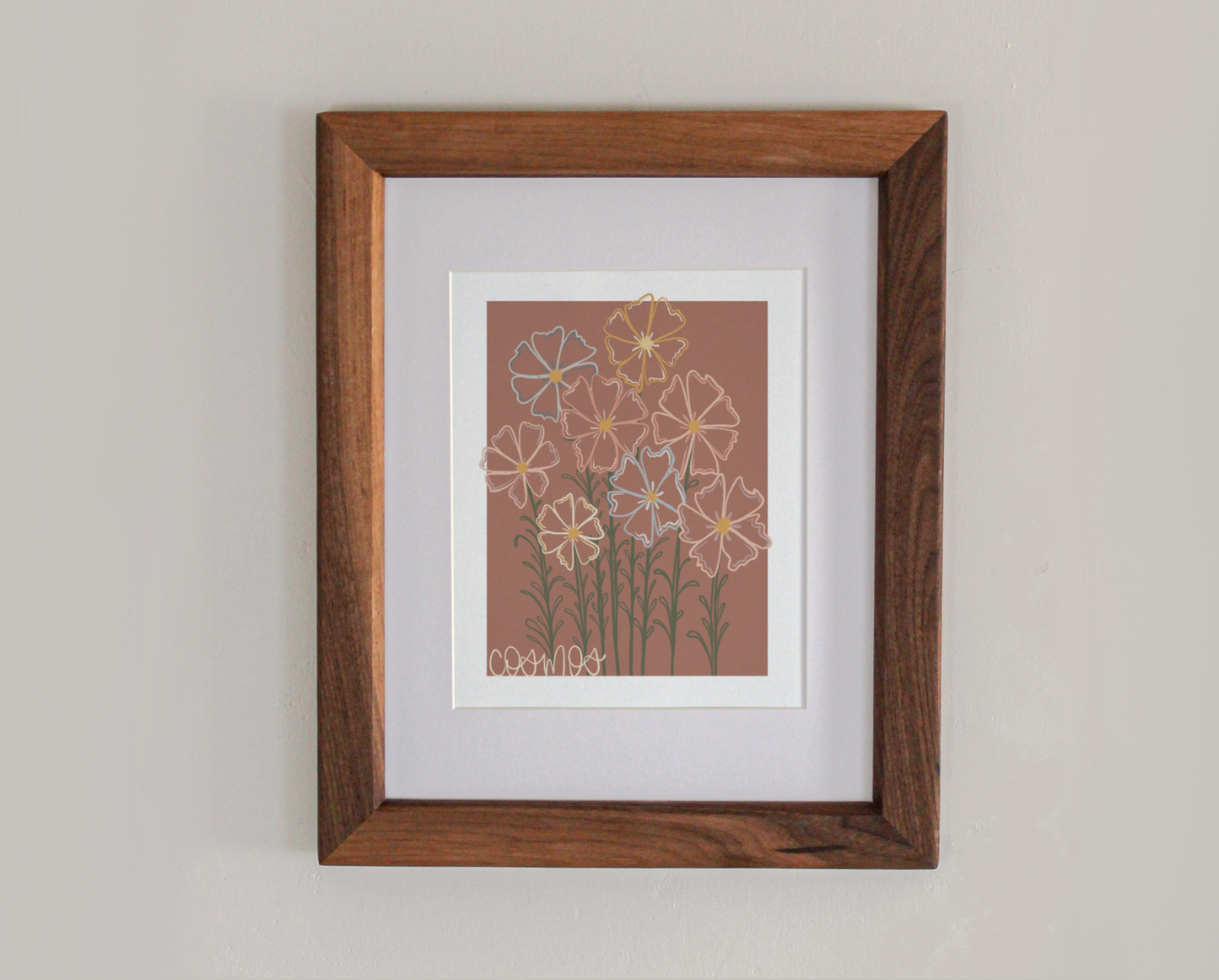 An art print line drawing of cosmos in bloom in a cherry hardwood frame 