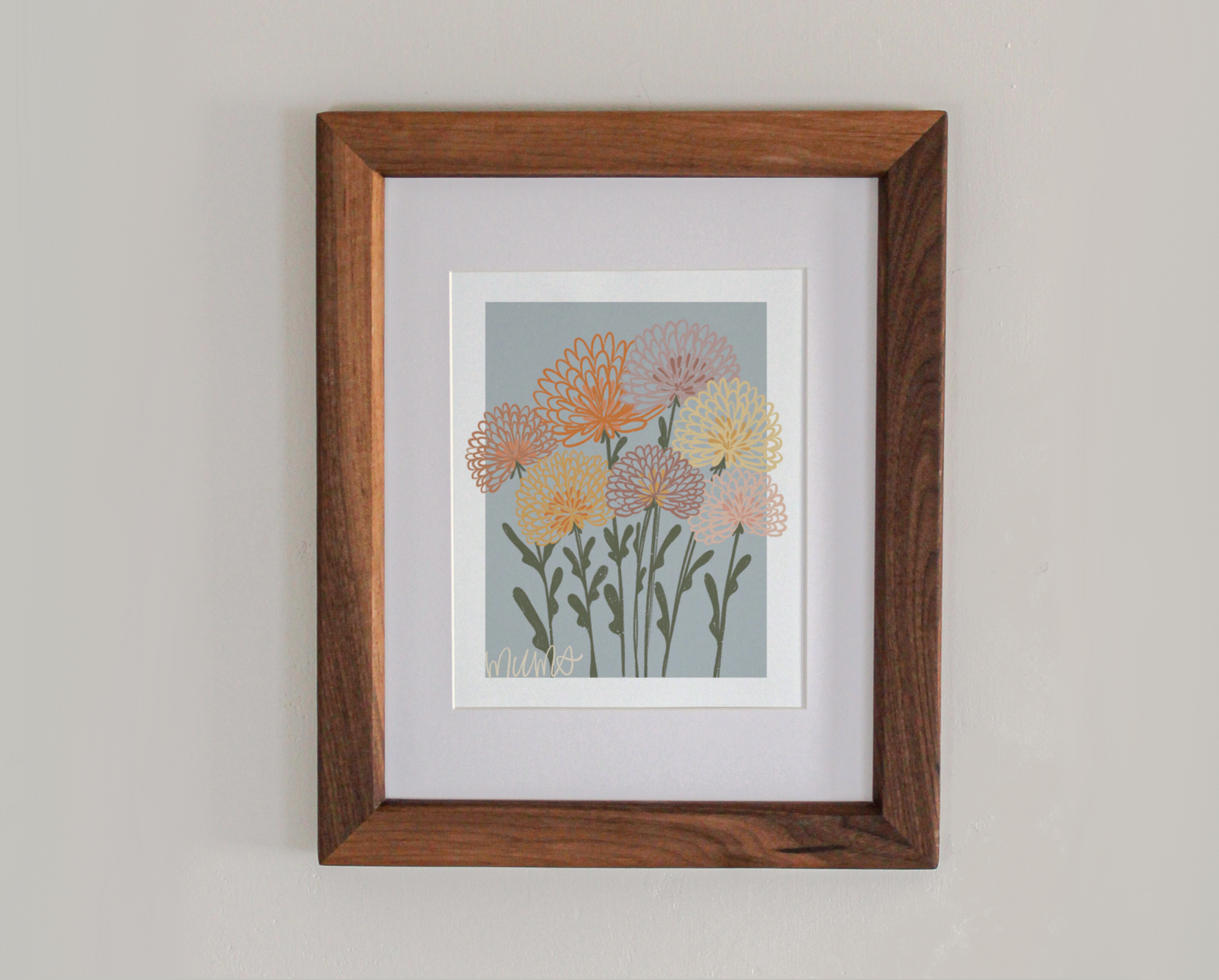 An art print line drawing of mums in bloom in a cherry hardwood frame 