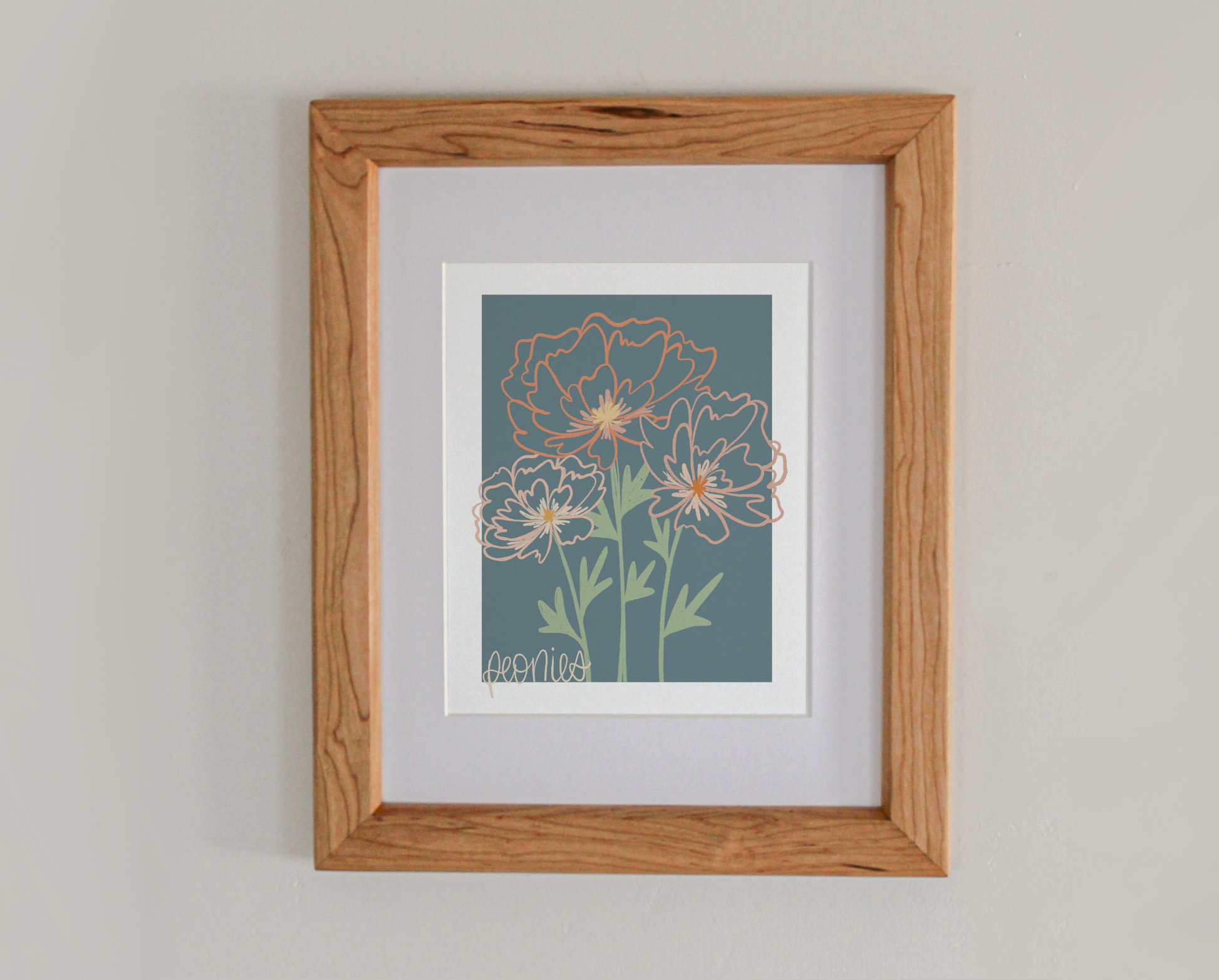 An art print line drawing of peonies in bloom in a cherry hardwood frame 